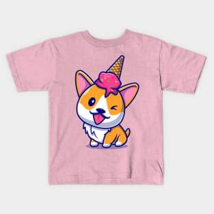 Cute Corgi Dog With Ice Cream On Head Cartoon Kids T-Shirt